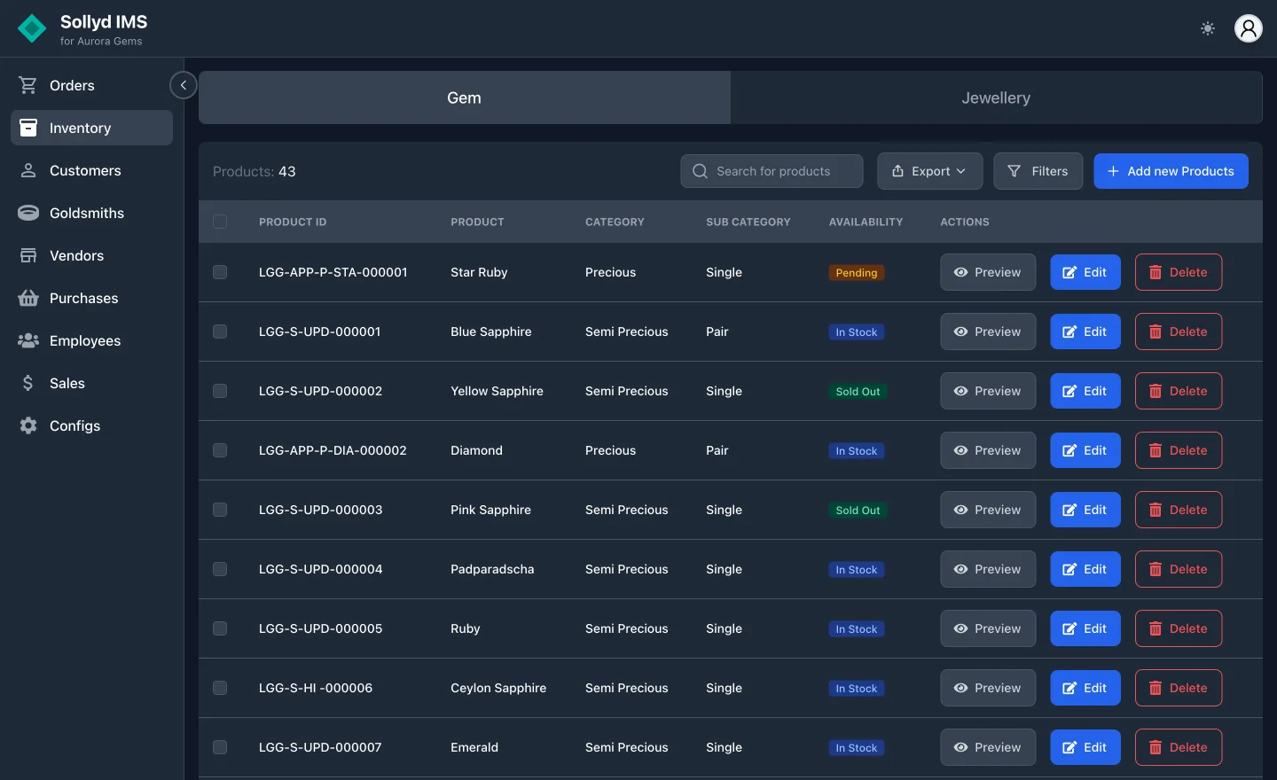 Sollyd IMS gemstone inventory screen with categories, availability and product actions